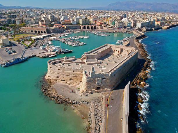 Aerial view if Iraklion, capital of Crete island Iraklion is the biggest city on the Crete island, Greece old port photos stock pictures, royalty-free photos & images