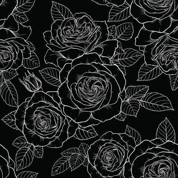 illustrazioni stock, clip art, cartoni animati e icone di tendenza di bellissimo motivo monocromatico in bianco e nero senza cuciture con rose, foglie. linee di contorno disegnate a mano. - rose pattern victorian style seamless