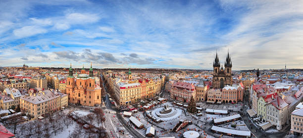 Winter panorama of Prague old town square with Christmas market. 270 degrees Winter panorama of Prague old town square with Christmas market and decorations. prague christmas market stock pictures, royalty-free photos & images