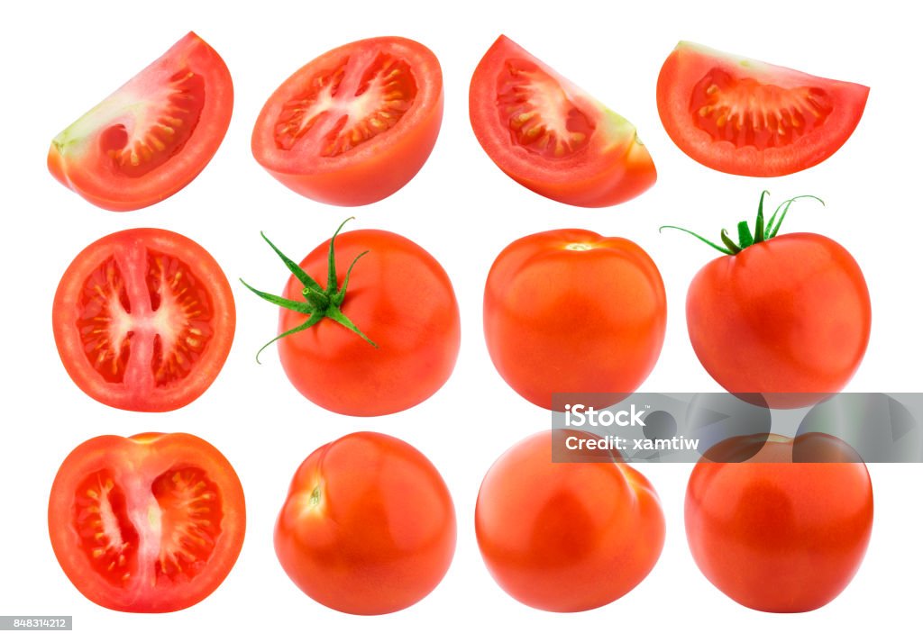 Tomato isolated isolated on white background. Collection. Single Tomatoes isolated. Fresh cut tomato set isolated on white background with clipping path Tomato Stock Photo