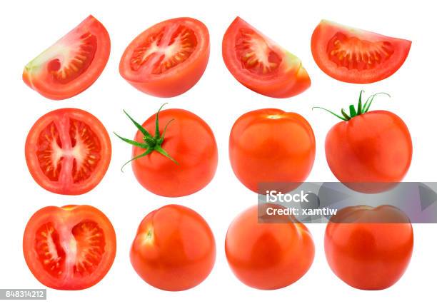 Tomato Isolated Isolated On White Background Collection Single Stock Photo - Download Image Now