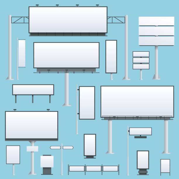 billboard plochý sada různých perspektiv reklamní konstrukce pro venkovní reklamu velký billboard na modrém pozadí izolované vektorové ilustrace - bilboardy stock ilustrace