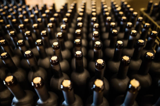 Rows of wine bottles in cellar Rows of packed and corked bottles of wine on factory wine shipping stock pictures, royalty-free photos & images
