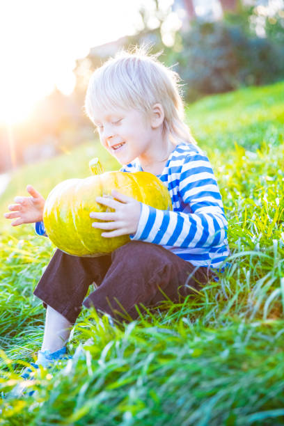 istock Little boy sitting with pumpkin 848321184