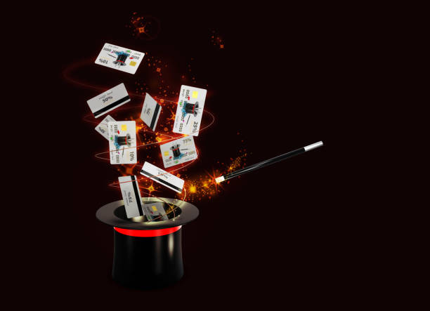 istock Background Magic Hat With Shine and flying discount cards. isolated black, 3d Illustration 848324754