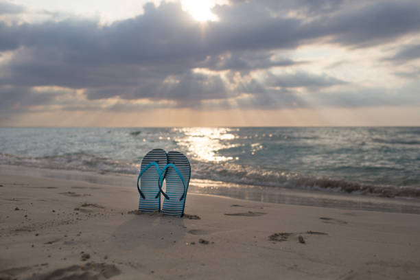 istock beach slippers on the sand at sunset and sea 848331384