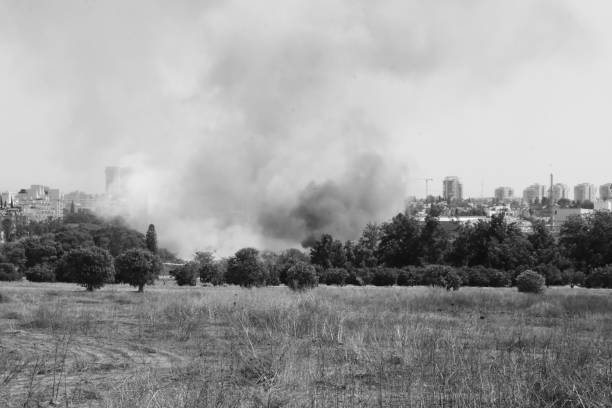 istock Fire in the field near the city 848331728