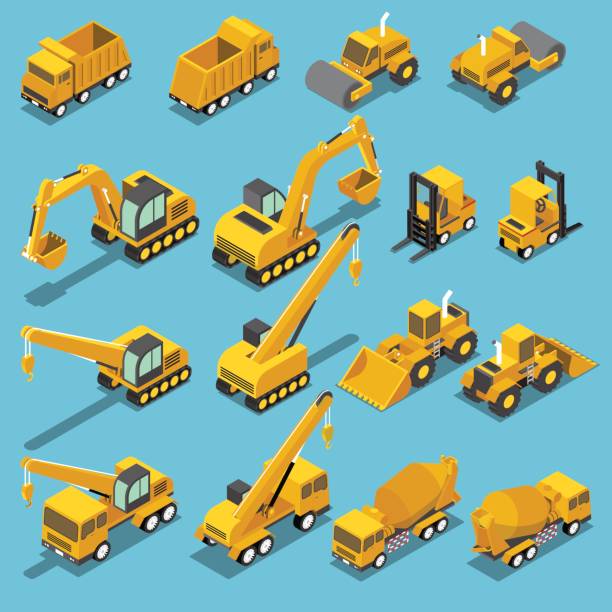 Isometric construction transport icon set Flat 3d isometric construction transport icon set include excavator, crane grader, cement mixer truck, road roller, forklift, bulldozer construction machinery stock illustrations