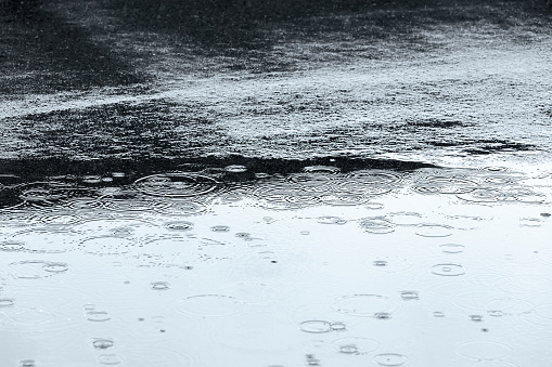 wet asphalt and water puddle background with sky reflection