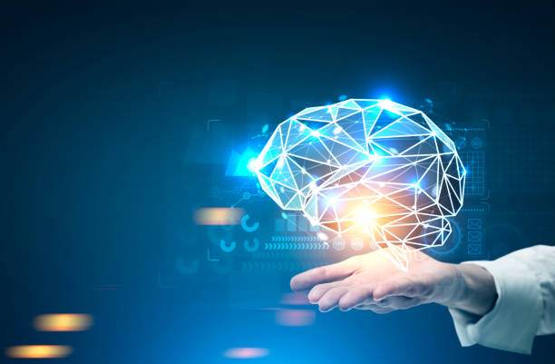 istock Businessman s hand brain hologram HUD 848371528