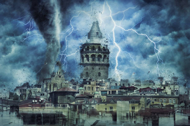 galata tower in the middle of the hurricane - editorial use flash imagens e fotografias de stock