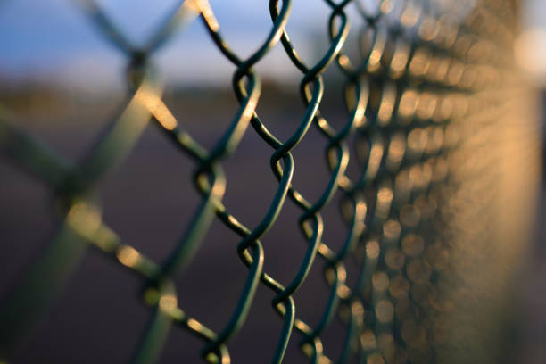 fence with metal grid in perspective - barbed wire wire isolated nobody imagens e fotografias de stock