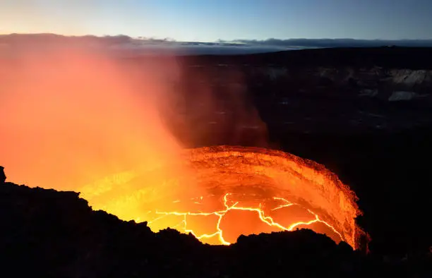 inside view of the active volcano with lava flow in Volcano National Park, Big Island of Hawaii, USA