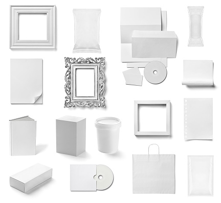 collection of  various white business print templates on white background. each one is shot separately