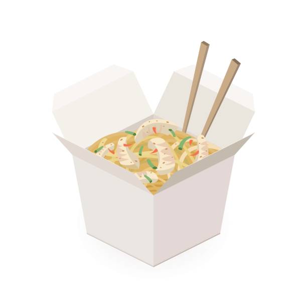 Chinese noodles box isolated on white background. Food box isometric view. Vector flat illustration. chinese takeout stock illustrations