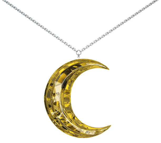 Yellow moon crescent gem jewelry chain isolated, 3d illustration, horizontal