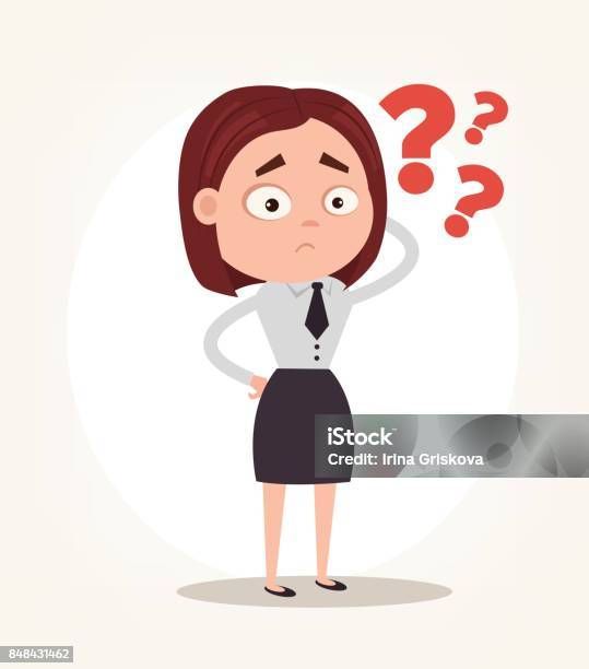 Worry Confused Office Worker Business Woman Character Thinking Stock Illustration - Download Image Now