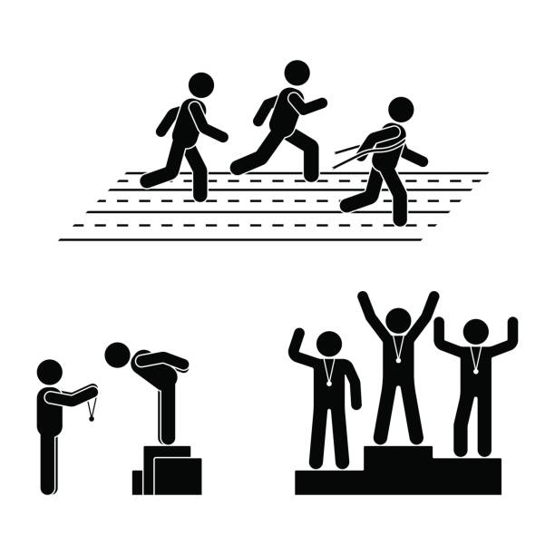 ilustrações de stock, clip art, desenhos animados e ícones de stick figure gold, silver, bronze medal receiving award vector icon. reward prize man pictogram. black and white running sport posture competition - congratulating achievement third place award