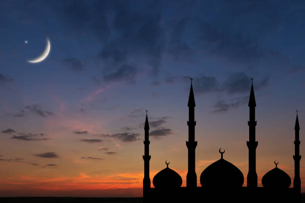 istock Night sky landscape mosque silhouette, Crescent moon stars, Ramadan Kareem celebration. 848441686