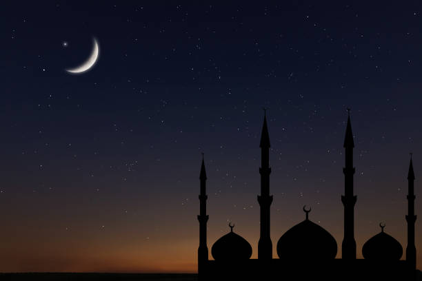 istock Night sky landscape mosque silhouette, Crescent moon stars, Ramadan Kareem celebration. 848441810