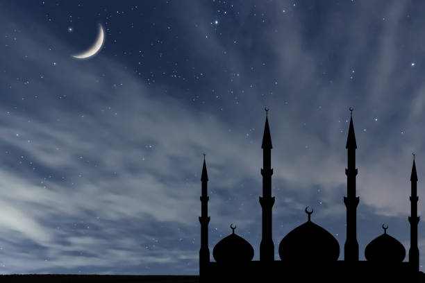 istock Night sky landscape mosque silhouette, Crescent moon stars, Ramadan Kareem celebration. 848441954