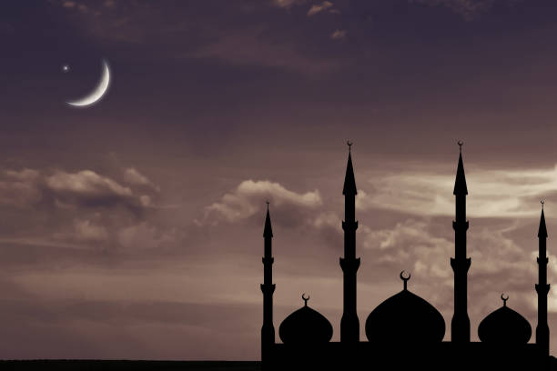 istock Night sky landscape mosque silhouette, Crescent moon stars, Ramadan Kareem celebration. 848442072