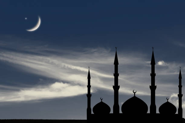 istock Night sky landscape mosque silhouette, Crescent moon stars, Ramadan Kareem celebration. 848442138