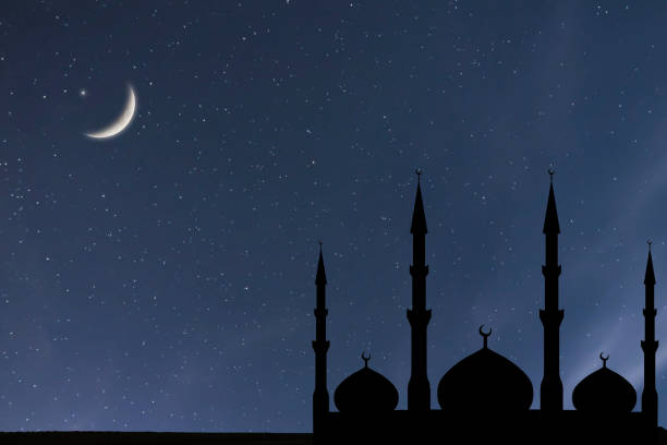 istock Night sky landscape mosque silhouette, Crescent moon stars, Ramadan Kareem celebration. 848442238
