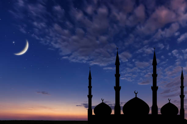istock Night sky landscape mosque silhouette, Crescent moon stars, Ramadan Kareem celebration. 848444534
