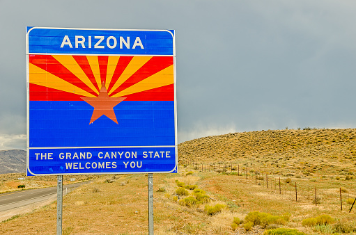 Arizona state sign to welcome travelers to the grand canyon state
