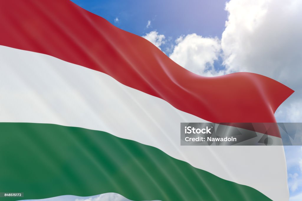 Rendu 3D de drapeau Hongrie sur fond de ciel bleu - Photo de Drapeau libre de droits