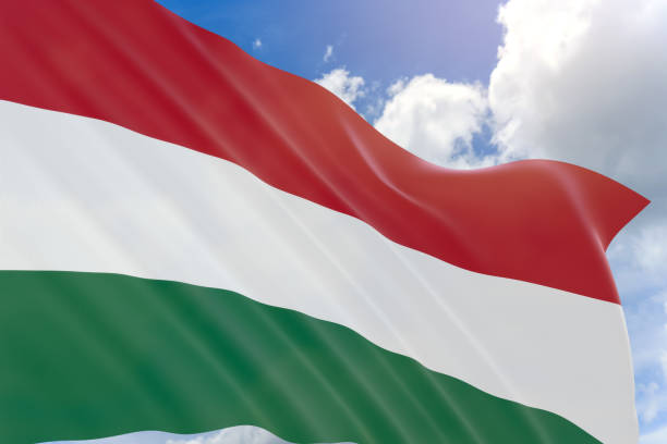 3D rendering of Hungary flag waving on blue sky background, Hungary is a landlocked country in Central Europe. Its capital is Budapest, 15 March is National Day