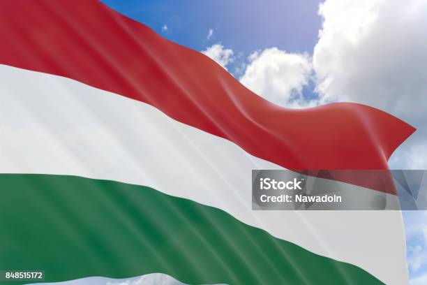 3d Rendering Of Hungary Flag Waving On Blue Sky Background Stock Photo - Download Image Now