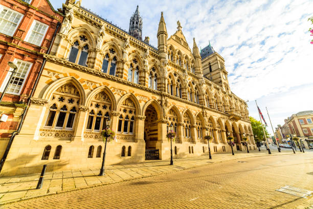 gothic architecture of northampton guildhall building, england. - midlands imagens e fotografias de stock