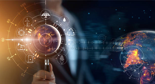 Man holding magnifying glass, search earth with lights in the night of global show the world's consumption with icons energy sources for renewable, sustainable development. Ecology concept. Elements of this image furnished by NASA. hombre con lupa, buscar tierra con luces en la noche del espectáculo mundial el consumo mundial con fuentes de energía de los iconos para renovables, el desarrollo sostenible. concepto de ecología. os de esta imagen proporcionada por la nasa.