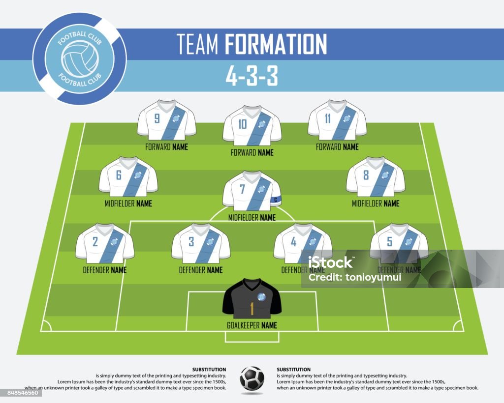 Football or soccer match formation infographic. Soccer jersey and football player position on football pitch. Football symbol in flat design. Vector. Football or soccer match formation infographic. Soccer jersey and football player position on football pitch. Football symbol in flat design. Vector Illustration. Soccer Team stock vector
