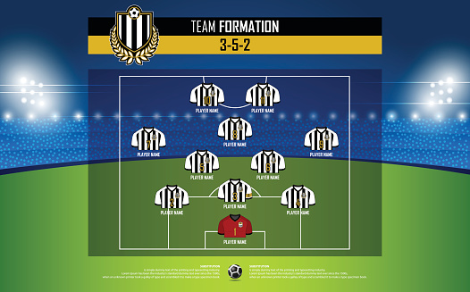 Football or soccer match formation infographic. Soccer jersey and football player position on football pitch. Football symbol in flat design. Vector Illustration.