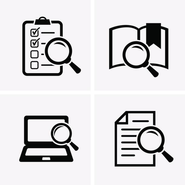 Case Studies Icons set. Case Studies Icons set. Vector search icon magnifying glass book stock illustrations