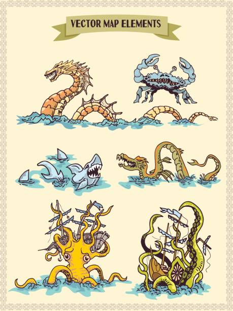 Vector map elements, colorful, hand draw - sea monsters and fantasy creatures for pirate treasure map Graphic illustrations for fantasy adventure map octopus giant octopus sea horror stock illustrations