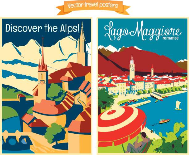 ilustrações de stock, clip art, desenhos animados e ícones de travel poster vectors illustrations with vintage european holiday destinations - tessin