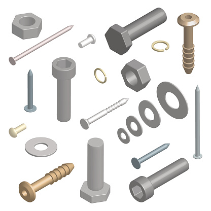 Set of different fasteners isolated on white background. 3D isometric style, vector illustration.