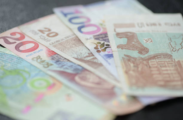 istock Some banknotes of Georgian lari on a dark background 848574718