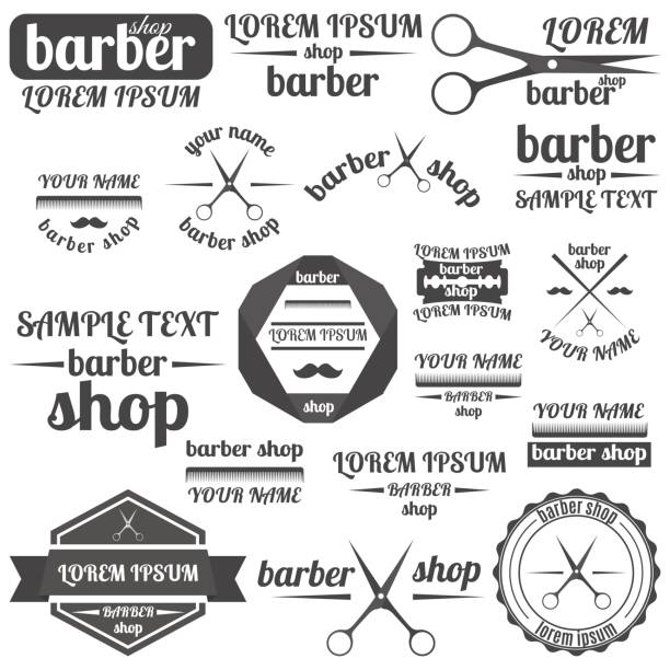 Set of grey emblem for barber shop, vector illustration. Set of grey emblem, , label for a barber shop, isolated on a white background. Vintage flat style, vector illustration. gentlemens club stock illustrations