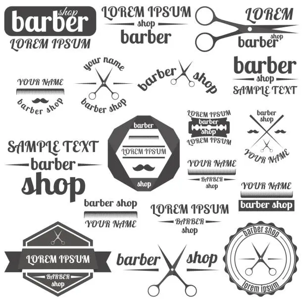 Vector illustration of Set of grey emblem for barber shop, vector illustration.