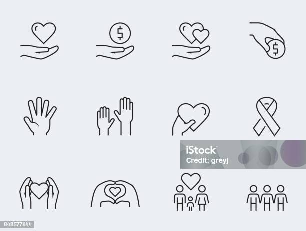 Charity Donation And Volunteering Icon Set In Thin Line Style Stock Illustration - Download Image Now