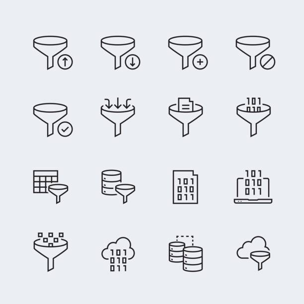 Filter data icon set in thin line style Filter data icon office parties stock illustrations