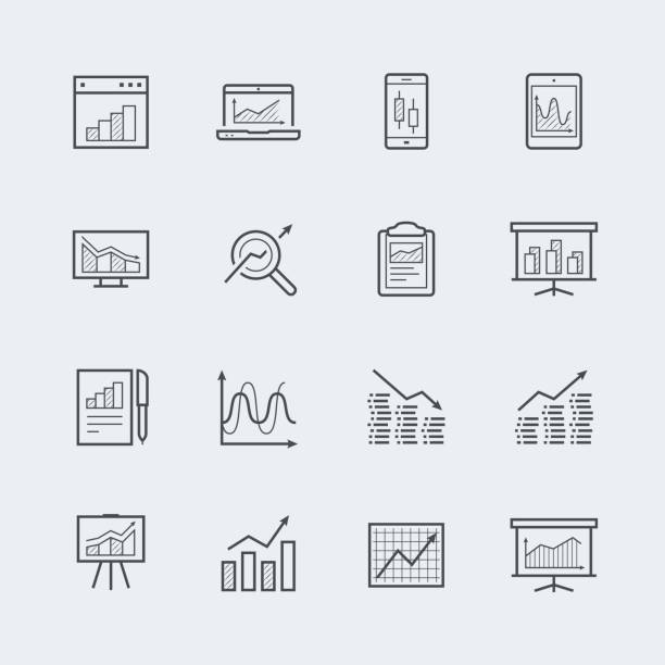 urządzenia i obiekty z ikoną wykresów i wykresów ustawioną w cienkim stylu liniowym - audit business ideas concepts stock illustrations