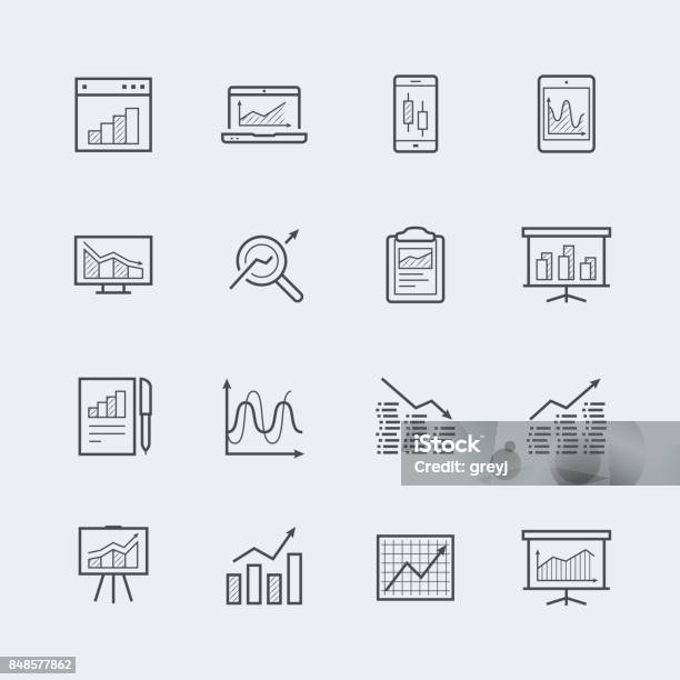 Devices And Objects With Charts And Graphs Icon Set In Thin Line Style Stock Illustration - Download Image Now