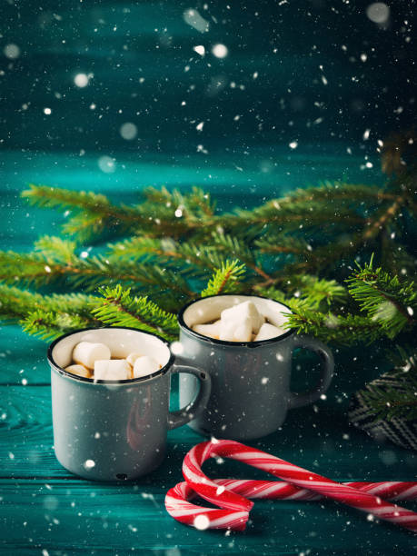 istock Hot chocolate on dark green. Christmas drink 848584412