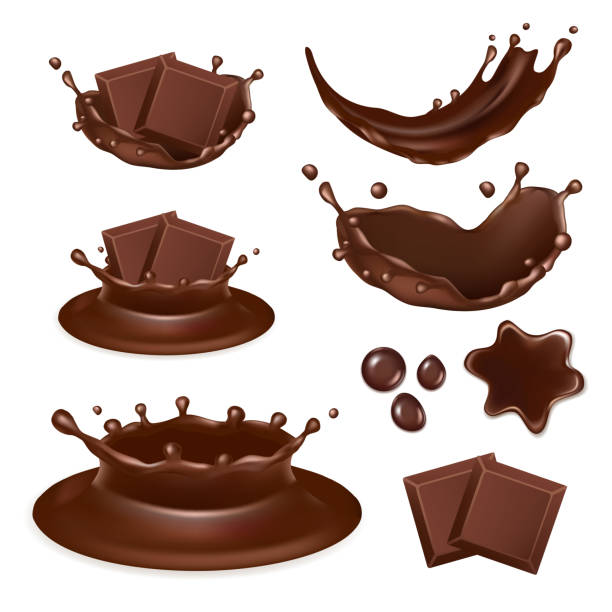 ilustraciones, imágenes clip art, dibujos animados e iconos de stock de conjunto de iconos de vector realista forma de chocolate - virutas